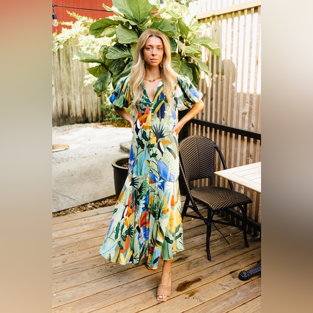 FARM Rio Vintage Toucans Plunge Neck Dress